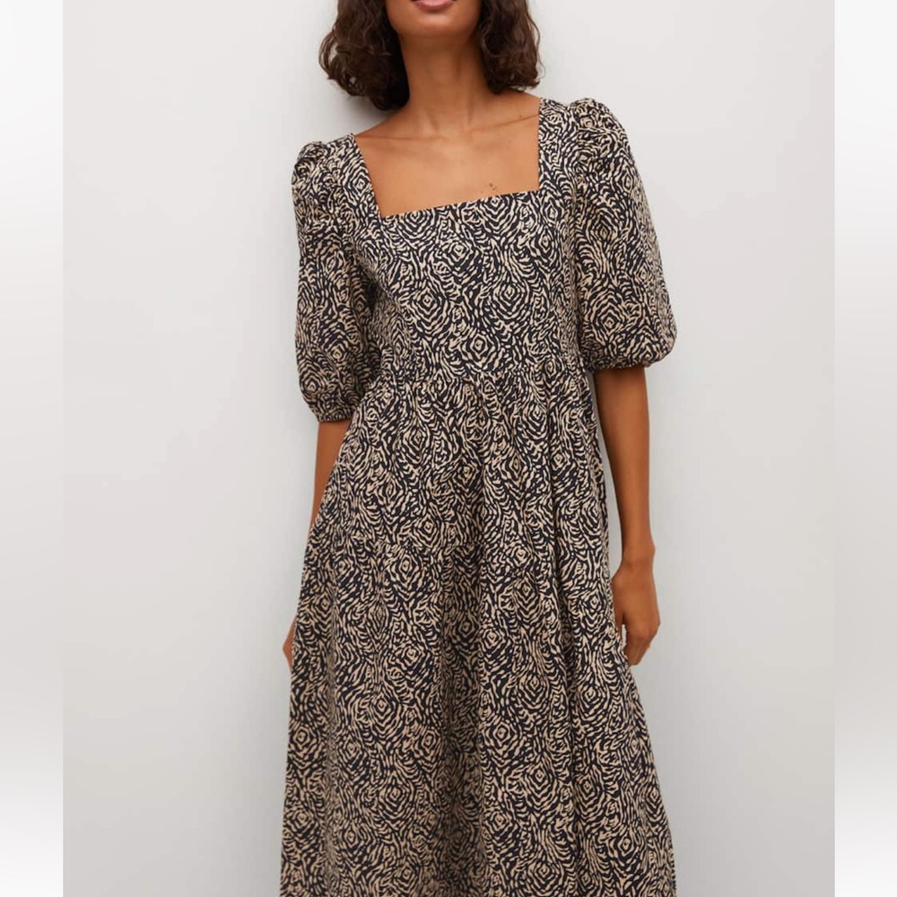 MANGO Patterned Midi Dress with Square Neck
